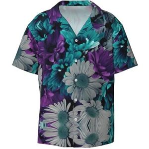 TyEdee Paarse en groenblauwe bloemenprint heren korte mouw overhemden met zak casual button down shirts business shirt, Zwart, 3XL