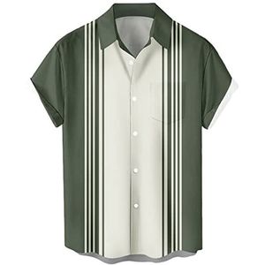 Vintage bowlingshirt voor heren, jaren '50, retro, korte mouwen, button-down shirts, Salie Crème Streep, S