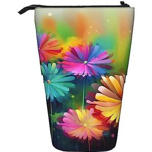 Abstracte Stijl Kleurrijke Bloemen Etui Telescopische Make-up Tas Pop Up Office Organizer Box Staande Pen Houder Cosmetica Tas Met Ritssluiting, Zwart, Eén maat