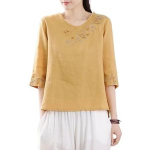 Etnische Stijl Katoenen Linnen Top Dames Plus Maat Losse Flowy Retro Shirts Chinees Borduurwerk Traditionele Hanfu Blouse (Color : Yellow, Size : XXL)