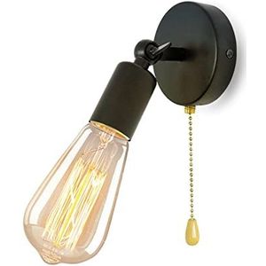 JZCDR Verstelbare wandlamp vintage wandlamp met trekschakelaar binnen E27 lamphouder zwart draaibare wandverlichting retro rustieke industriële landhuislampen keuken slaapkamer spiegel loft