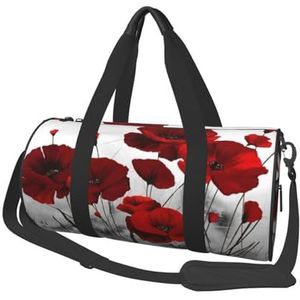 Rode klaproos bloem prints, grote capaciteit reizen plunjezak ronde handtas sport reistas draagtas fitness tas, zoals afgebeeld, Eén maat