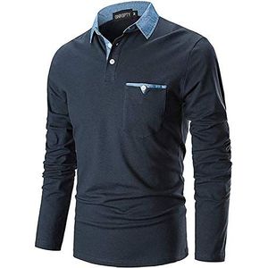 GNRSPTY Poloshirt voor heren, lange mouwen, basic denim, naaien, casual, katoen, golf, tennis, poloshirts, blauw, L