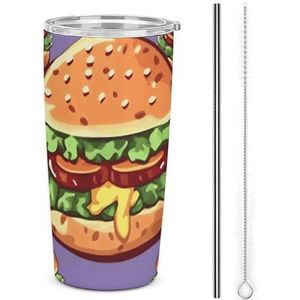 LKHDS 20oz roestvrij staal dubbelwandige vacuüm geïsoleerde autobeker cartoon hamburger geïsoleerde beker met handvat vacuüm waterfles lekvrije reismok voor buiten woon-werkverkeer
