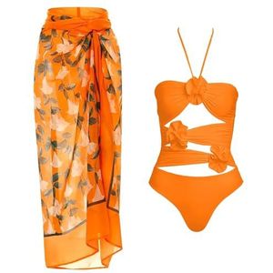 Dames Halter Uitgesneden Eendelig Badpak met Vintage Bloemenprint Wikkelrok Sarong, Bikini Badpak Cover-up Set(Size:L)