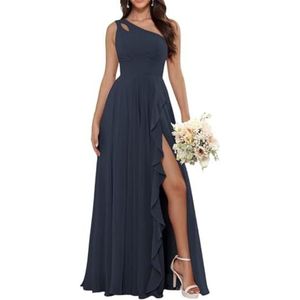 Dames chiffon bruidsmeisjes jurken met split lange galajurken ruches cocktailjurk plus size, Donkerblauw, 32