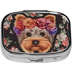 Mini vierkante pillendoos, medicijnorganizer, Yorkie Dog Floral draagbare EHBO-doos, reispillendoos met 2 vakken, kleine pillendoos voor zak of portemonnee