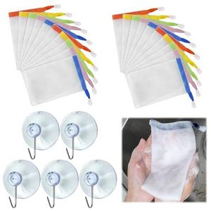 PLATEYTR 25 stuks zeep zakken en haken, nylon gezichtsreiniging netto schuim net, zeepbel net zak, exfoliërende netto zeep bar zak lichaam reiniging accessoires (kleur willekeurige selectie)
