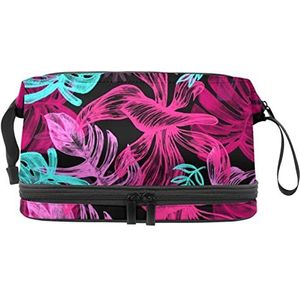 Multifunctionele opslag reizen cosmetische tas met handvat,Grote capaciteit reizen cosmetische tas,Zomer exotische roze blauwe bladeren, Meerkleurig, 27x15x14 cm/10.6x5.9x5.5 in