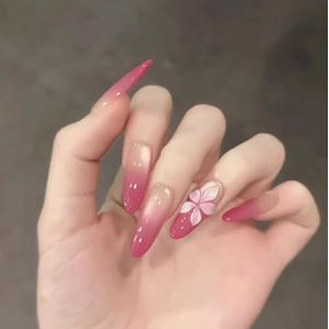 MouyouGlow Lange kunstnagels met nagellijm, amandel nude, kleurverloop, roze, 3D, bloemen, bloemen, zomer, met nagellijm, natuurlijke ombré roze bloemen, zoete kunstnagels