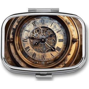 Steampunk Klok Pillenetui met 2 compartimenten, pillenorganizer, draagbare vierkante pillendoos, vitaminepillenorganizer voor zakportemonnee en reizen