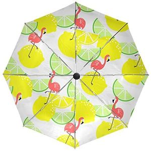 Kunst Oranje Citroen Flamingo Vogel Paraplu Automatisch Opvouwbaar Auto Open Sluiten Paraplu's Winddicht UV-bescherming voor Mannen Vrouwen Kinderen