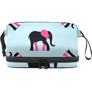 Dubbele Laag Cosmetische Tas Vrouwelijke Zwarte Olifant Roze Oren Draagbare Make-up Tas Reizen Organizer Pouch Voor Vrouwen Meisjes Toiletartikelen Tassen, Meerkleurig, 27x15x14 cm/10.6x5.9x5.5 in, Make-up zakje