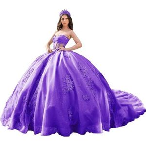 Fuomomo Quinceanera Prinsessenjurk met ruches en staart Quinceanera jurk van tule met parels schattige jurk 16 MT052, Paars, 44