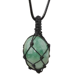 Crystal Tumbled Stone Pendant Necklace For Women Knotted Net Bag Leather Necklace Yoga Meditation Jewelry Gifts (Color : Green Strawberry)