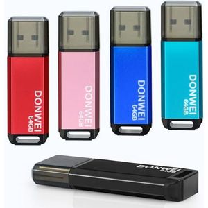 USB-Stick 64 GB - Set Van 5 Met Snel Ledlicht, Grote Capaciteit, Metaal, Extern Geheugen Voor Muziek en Mappen (Roze, Rood, Blauw, Zwart, Cyaan)