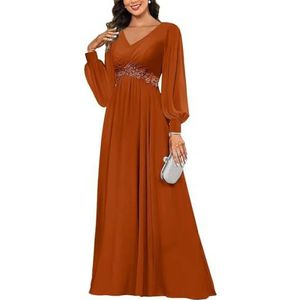 KIYNE Damesjurk met lange mouwen voor moeder van de bruid met kanten applicatie, V-hals, chiffon, formele feestjurk, Verbrand Oranje, 32