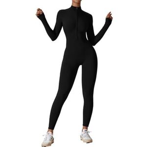 ROEUIPG Jumpsuit voor dames met ritssluiting, lange mouwen, yoga-set, fitnesskleding, trainingskleding, sportpak, zeer sterke sportkleding, fitnesspak (zwart, XL)