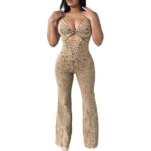 LoprNsdgt Dames Spaghettibandjes Jeans Met V-Hals Rompertjes Hollow Out Mouwloze Slim Fit Retro Jumpsuit,Khaki,L