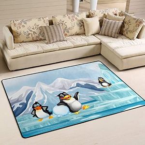 Vloerkleed 100 x 150 cm, schattige drie Antarctische pinguïns op ijs deurmat waterabsorberend woonkamertapijt, pluche vloerkleden voor slaapkamer, kinderkamer
