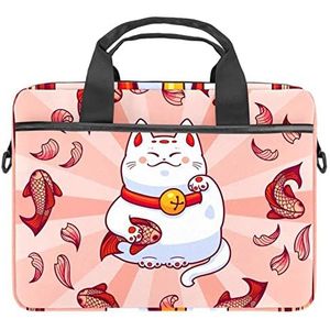 Japan Cartoon Lucky Cat Catch Roze Karper Vis Laptop Schouder Messenger Bag Crossbody Aktetas Messenger Sleeve voor 13 13.3 14.5 Inch Laptop Tablet Beschermen Tote Bag Case, Meerkleurig, 11x14.5x1.2in /28x36.8x3 cm