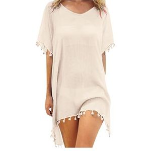 DUNSBY Chiffon Kwastjes Strandkleding Vrouwen Badpak Cover Up Badpakken Zomer Mini Jurk Losse Effen Cover Ups Badpak Cover Up (Kleur: Beige)