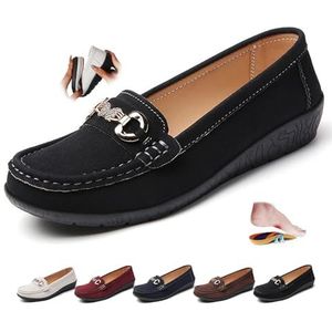 ZPLMIDE Vrouwen Orthopedische Suede Lederen Loafers Retro Dames Mocassins Rijden Mocs Comfort Slip-On Mode Boot Schoenen Wedge Hakken, Zwart, 43 EU