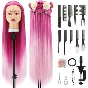 Trainingshoofd, 28 inch Kappershoofd 100% Synthetische Vezels Oefenhoofd, Training Hoofd Kappers opleiding hoofd met gratis klem en DIY vlechten Set (Roze)