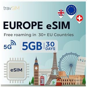 travSIM Europe eSIM | Vodafone Network | 5 GB data met 4G/5G snelheden | Gratis roaming in het Verenigd Koninkrijk, Zwitserland & de EU | Plan op eSIM voor Europa is 30 dagen geldig