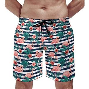 Mooie Flamingo Tropische Bloemen Zwembroek voor heren, casual strandshorts met compressievoering, sneldrogende badmode met zakken, L