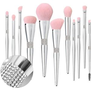 KUMarte Professionele Make-up Borstel Set Luxe 11Pcs Zilver Glitter Crystal Make Up Borstel Kit Vegan Zachte Synthetisch Haar Foundation Oogschaduw Wenkbrauw Lip Cosmetische Borstel Set Met Gift Box