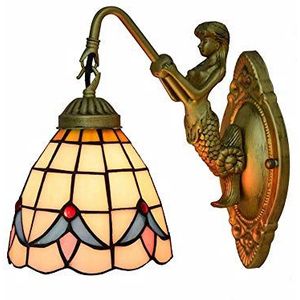 6-Inch Tiffany Stijl Wandlamp, Landelijke Bloem Gekleurde Glazen Lampenkap Wandlamp, Handgeschilderde Glazen Hars Zeemeermin Standbeeld Retro Wandlamp, Woonkamer En Eetkamer