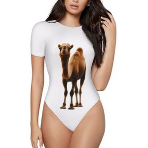 ELSMZXZD Bodysuit met korte mouwen voor dames - woestijnzand camel bedrukt ronde hals bodysuit, rekbaar T-shirt, top, casual slim fit turnpakje, 3 D, S