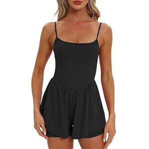 Jumpsuit for dames 2024 zomermode hemdje jumpsuit jurk broek dubbele voering korte sport jumpsuit(Color:Black,Size:S)