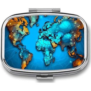 Wereldkaart pillenetui met 2 compartimenten, pillenorganizer, draagbare vierkante pillendoos, vitaminepillenorganizer voor zakportemonnee en reizen