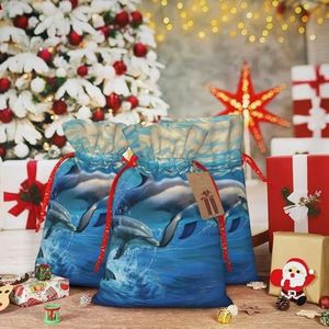 RLDOBOFE dolfijnen in de zee print kerstcadeauzakje kerst trekkoord tas herbruikbare geschenkverpakking goody geschenkzakken met cadeaulabel aanwezig opbergtas voor Kerstmis Thanksgiving bruiloft