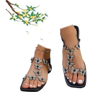 Xytraiihw Dames platte sandalen met strass steentjes, elegante casual strandschoenen vlindersluiting en elastische band open teen Romeinse schoenen slingback voor bruiloft gala feest,zwart,36 EU
