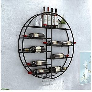 Aan de muur gemonteerde wijnrekken, IJzerwijnrek aan de muur gemonteerde ronde, Grote Capaciteit Rack Fleshouder, 12 Flessen en 4 Stem Wijnglas Stemware Rac(Size:90X90X10CM,Color:zwart)