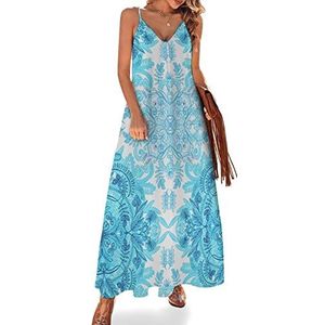 Boho Blauw Bloemen Vrouwen Sling Maxi Jurken V-hals Causale Mouwloze Verstelbare Riem Sexy Lange Jurk