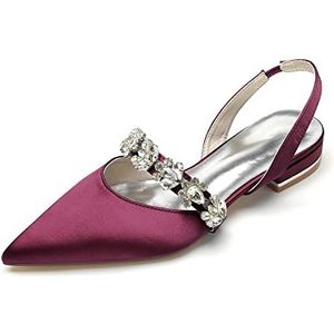 EICOFF Trouwschoenen voor vrouwen Lage hak Satijn Puntige Gesloten Tenen Ballet Flats Dames Rhinestone Bruidsjurk Schoenen,Burgundy,36 EU