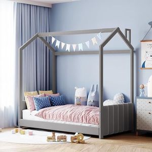 Aunvla Kinderbed, gestoffeerd bed, 90 x 200, huisbed met hoofdeinde, voeteneinde, lattenbodem en dak, huidvriendelijke fluwelen stof, grijs, eenpersoonsbed