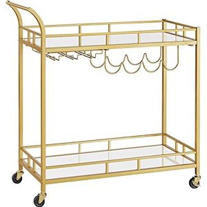 VASAGLE serveerwagen, trolley met wielen, glashouder, 2 glazen leggers, bar trolley, wijn trolley, voor keuken, eetkamer, bar, goudkleurig LRC090A03