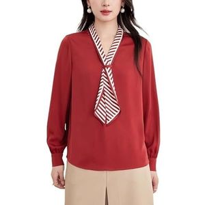 ROUZIHU Gestreept lint chiffon shirt professioneel woon-werkverkeer V-hals losse lange mouwen dames shirt, Rosso, XXL