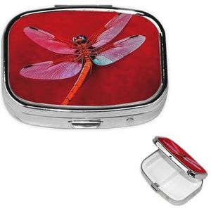 Pillendoosje met spiegel, retro pillendoosje met 2 vakken, libelle op rode achtergrond, kleine pillenorganizer voor portemonnee of zak, decoratieve metalen medicijnen, vitamine-organizer, unieke