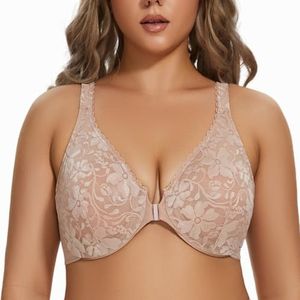 MELENECA Women's voorsluiting grote maat racerback stretch kanten beugelbeha Beige 100E