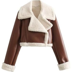 Warme Korte Winterjas for Dames, Gevoerd Met Imitatieleer en Kraag Met Omslag(Brown,XS)