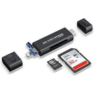 JJC Metalen SD-kaartlezer voor iPhone, Lighting USB C 3.0 USB A 2.0 Kaartlezer Viewer Card Reader voor SD Micro SD TF, Geheugenkaarten Adapter voor iPhone 15 14 13 12 11 (Zwart)