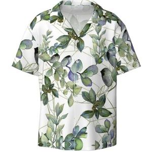 OdDdot Groene eucalyptusbladeren print herenoverhemden atletisch slim fit korte mouw casual zakelijk overhemd met knopen, Zwart, 4XL