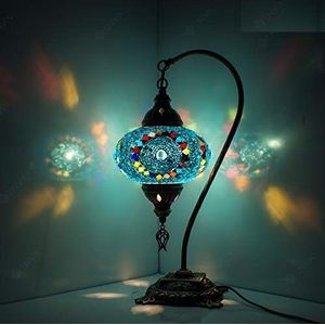 ENVA Turkse mozaïek tafellamp, prachtige Marokkaanse stijl, unieke bol lampenkap, zwanenhals serie (turquois)