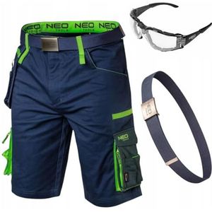 NEO TOOLS Korte werkbroek voor heren met werkriem en veiligheidsbril, cordura versterkte stretch werkshorts - multifunctionele zakken - werkbroek zomer - werkbroek mannen kort, blauw, 50